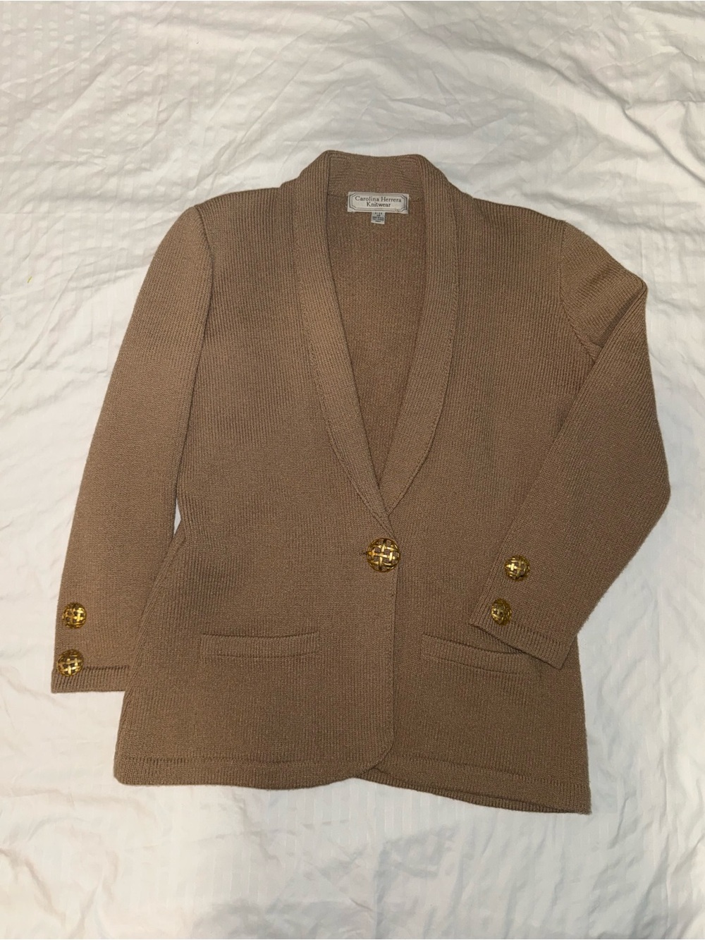 Vintage Carolina Herrera Knitwear Classic Taupe Blazer with Gold Buttons